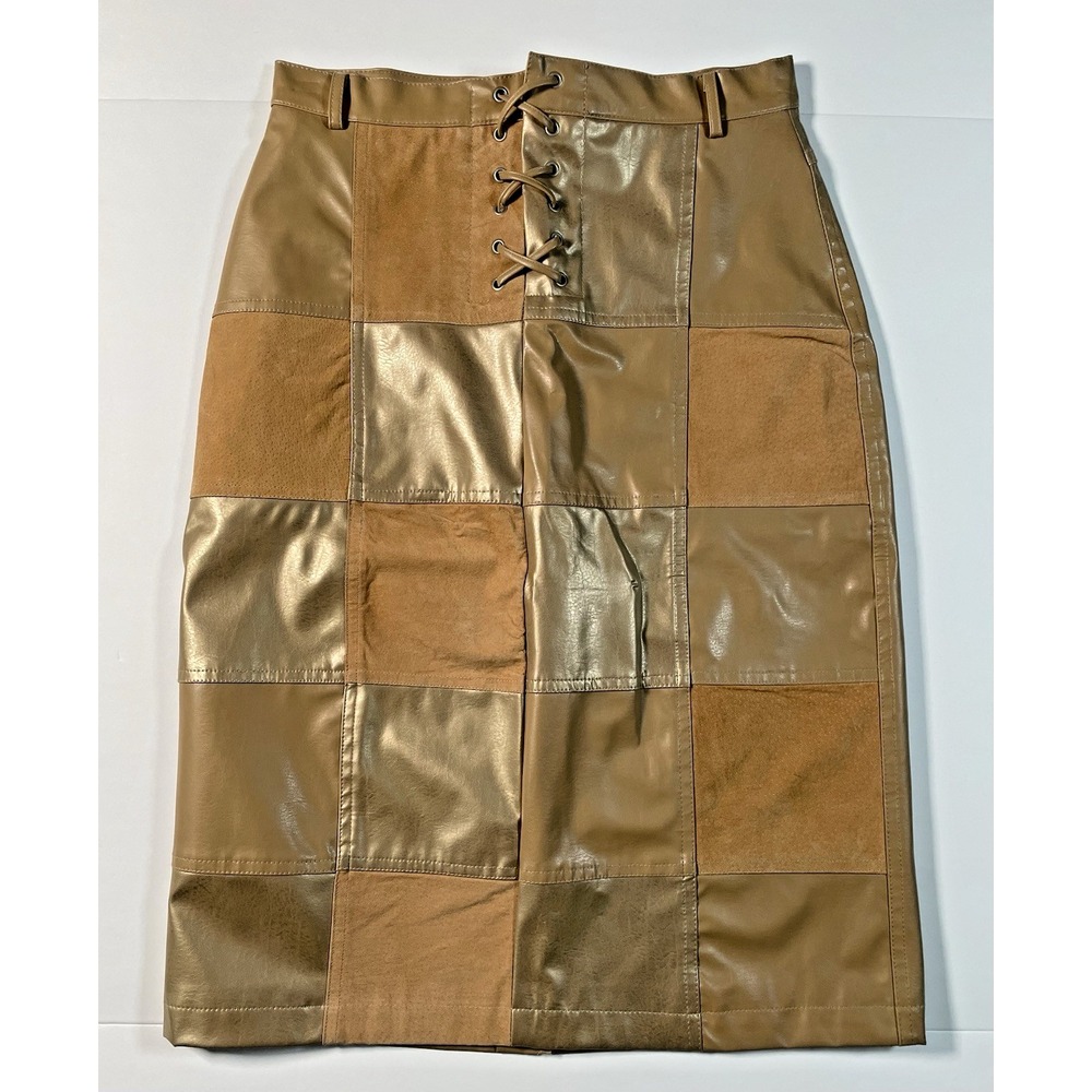 Voice Patchwork Midi Skirt Womens 5 Tan Gold Faux Leather Suede Lace Up Retro